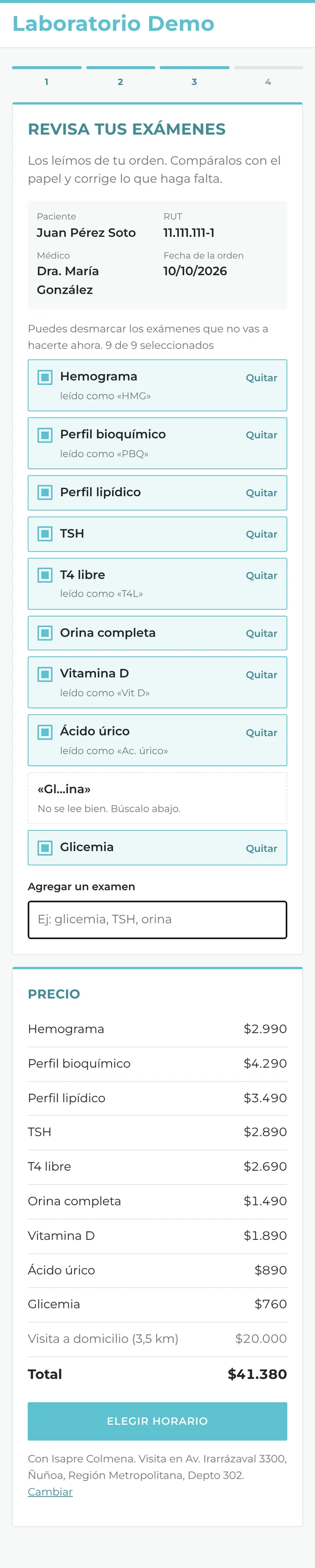 Paso 2: exámenes detectados y precio